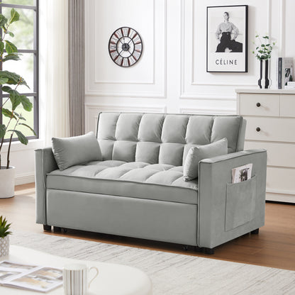 3-in-1 Modern Velvet Loveseat Futon Sleeper Sofa with Pillows Pockets Gray