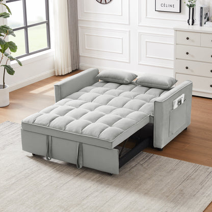 3-in-1 Modern Velvet Loveseat Futon Sleeper Sofa with Pillows Pockets Gray