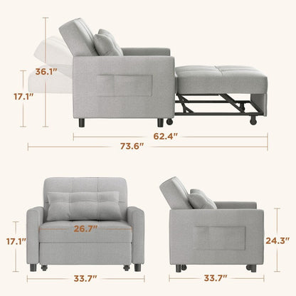 3 in 1 Pull Out Sleeper Sofa Bed, Convertible Modern Adjustable Upholstered Sleeper Chair Sofa
