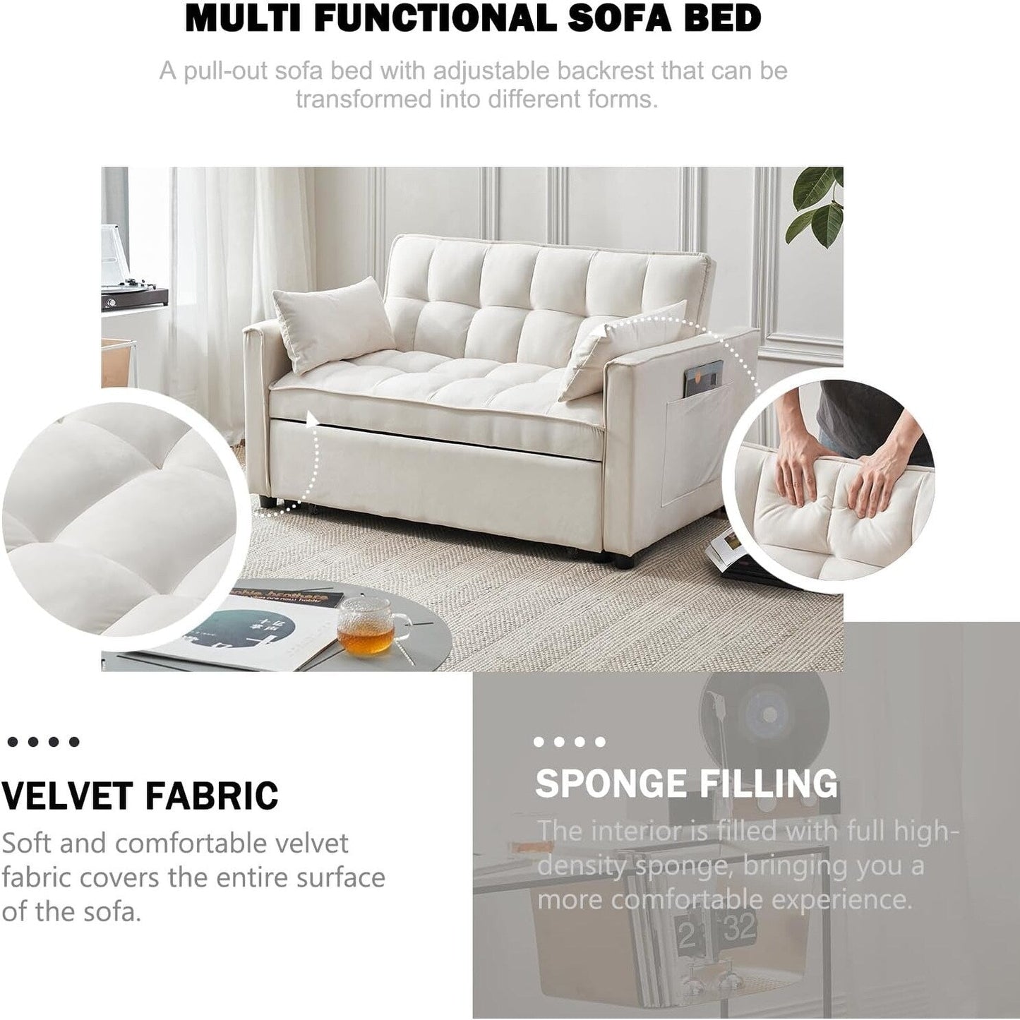 3-in-1 Velvet Sleeper Sofa Bed - Pull Out Couch with Adjustable Backrest, Armrests & Storage Pockets for Living Room