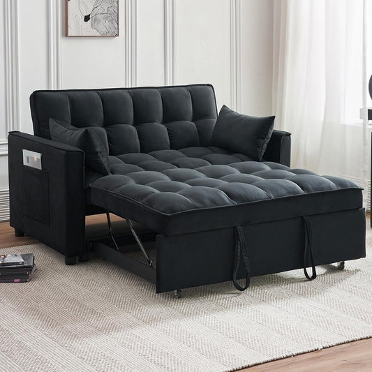 3-in-1 Velvet Sleeper Sofa Bed - Pull Out Couch with Adjustable Backrest, Armrests & Storage Pockets for Living Room