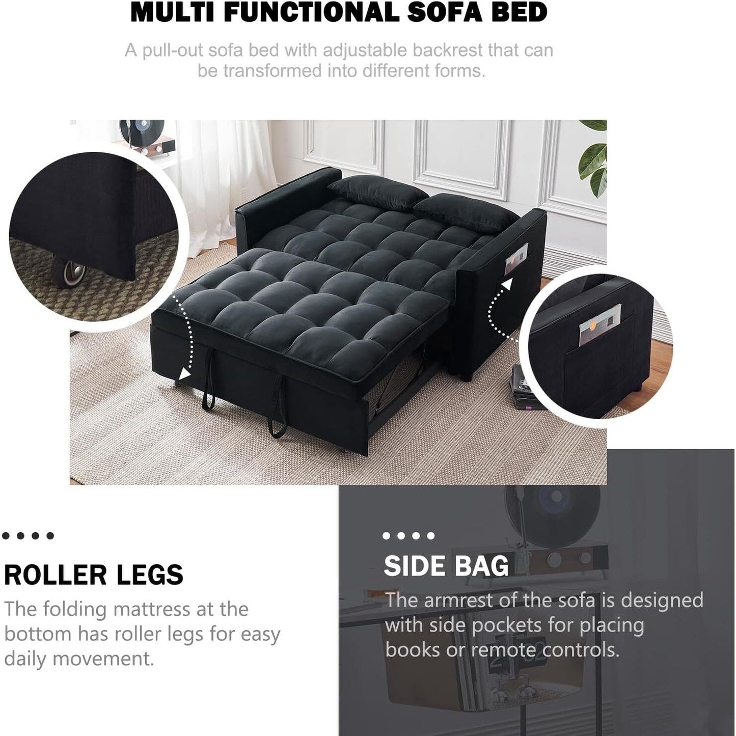 3-in-1 Velvet Sleeper Sofa Bed - Pull Out Couch with Adjustable Backrest, Armrests & Storage Pockets for Living Room