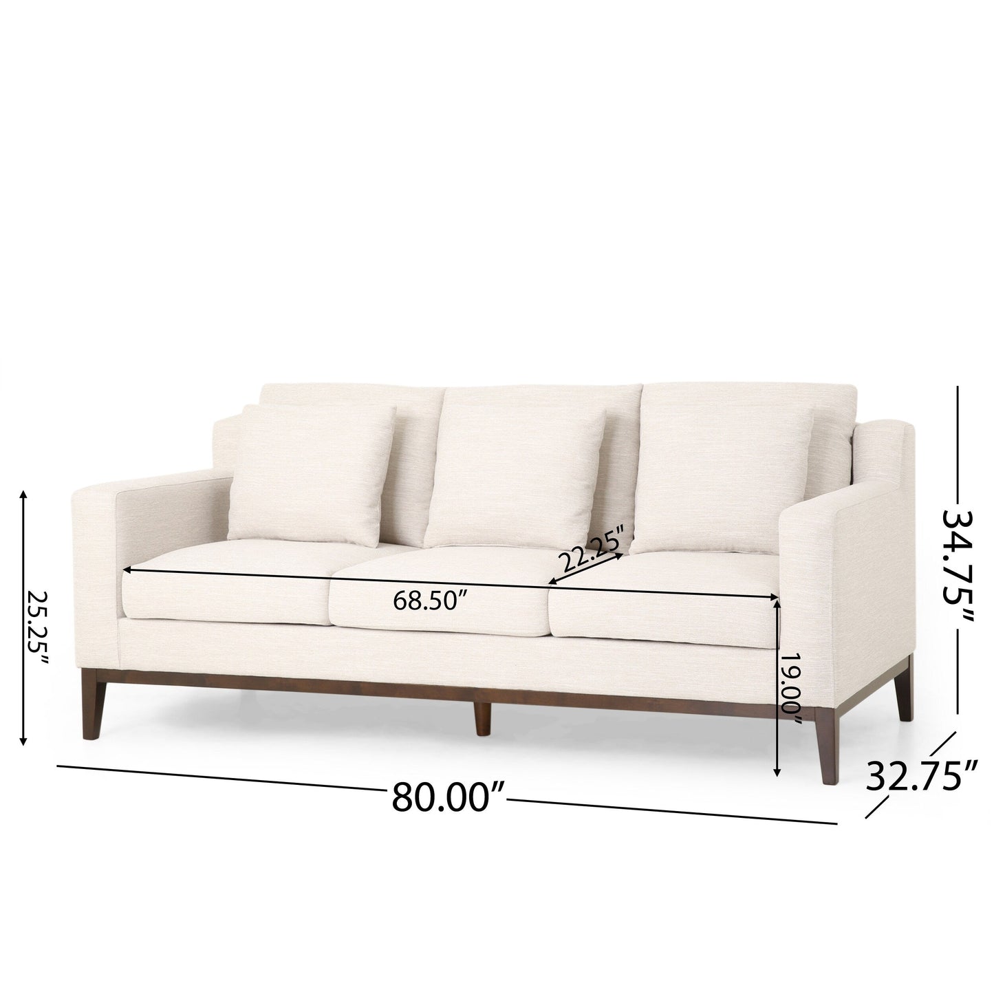 3-seater Sofa with Wood Legs and Matching Pillows