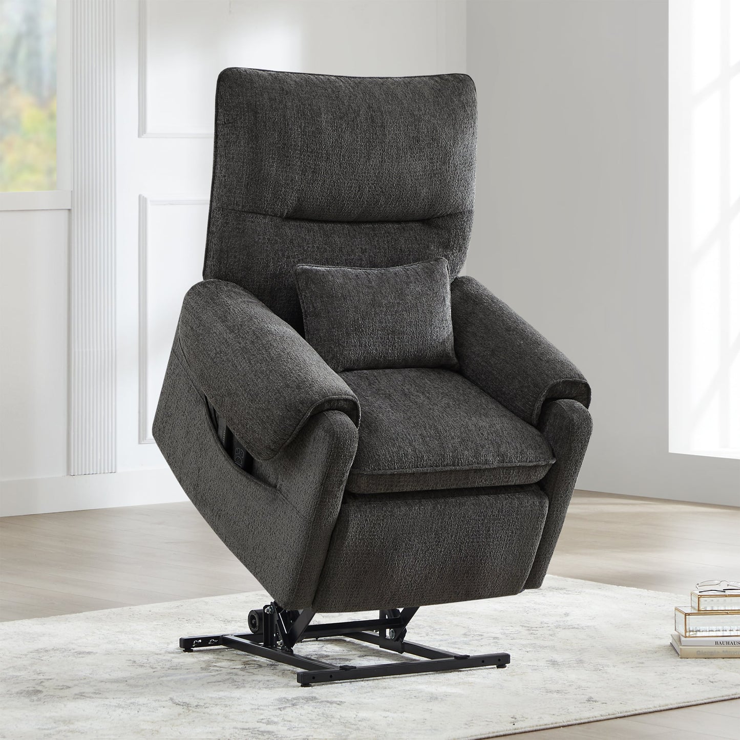 30 Power Lift Assist Recliner Arm Chair Steel Gray Chenille