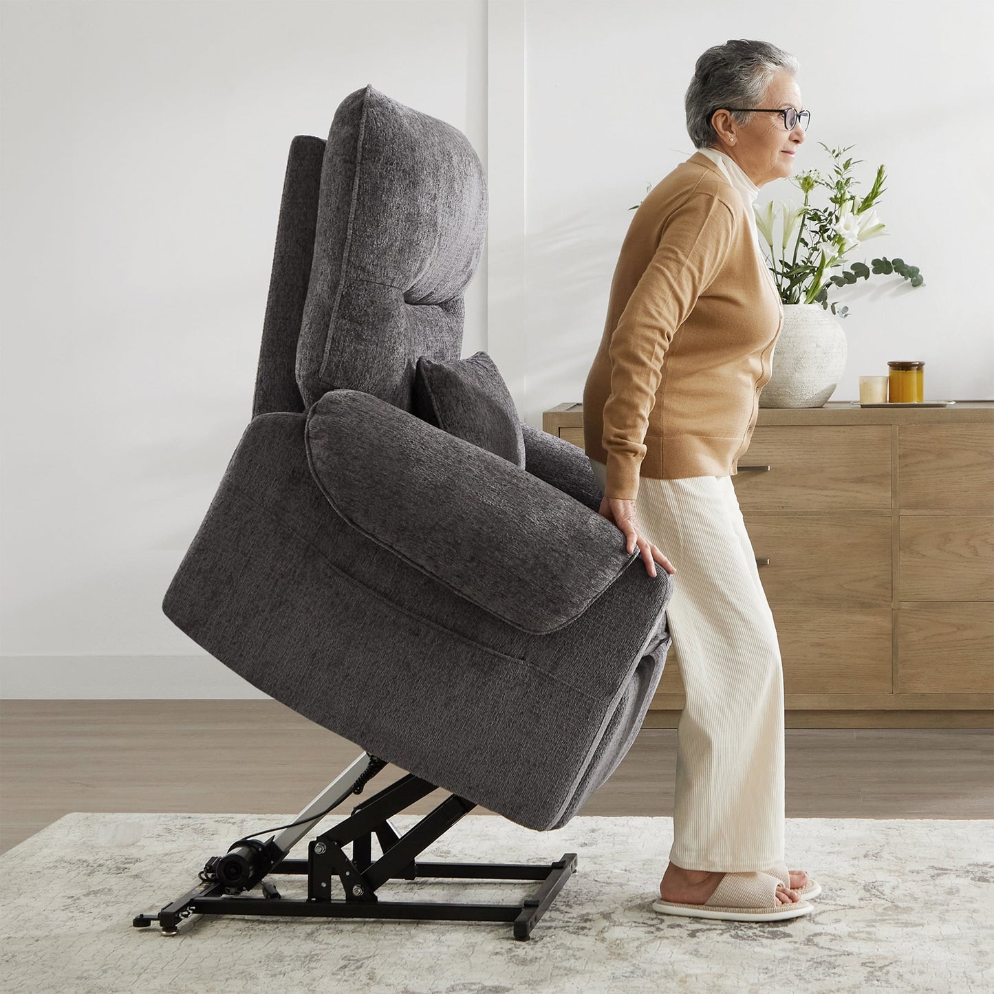 30 Power Lift Assist Recliner Arm Chair Steel Gray Chenille