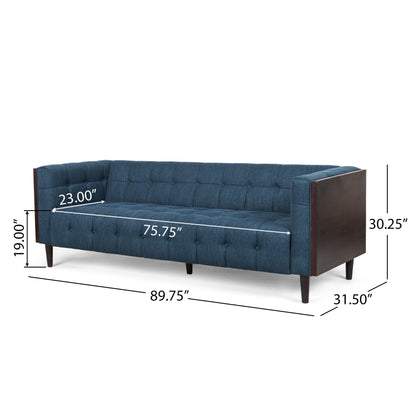 31.5 Button Tufted 3-seater Sofa with Wood Legs and Rubberwood Frame for Living Room