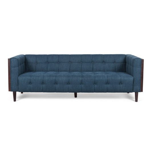 31.5 Button Tufted 3-seater Sofa with Wood Legs and Rubberwood Frame for Living Room