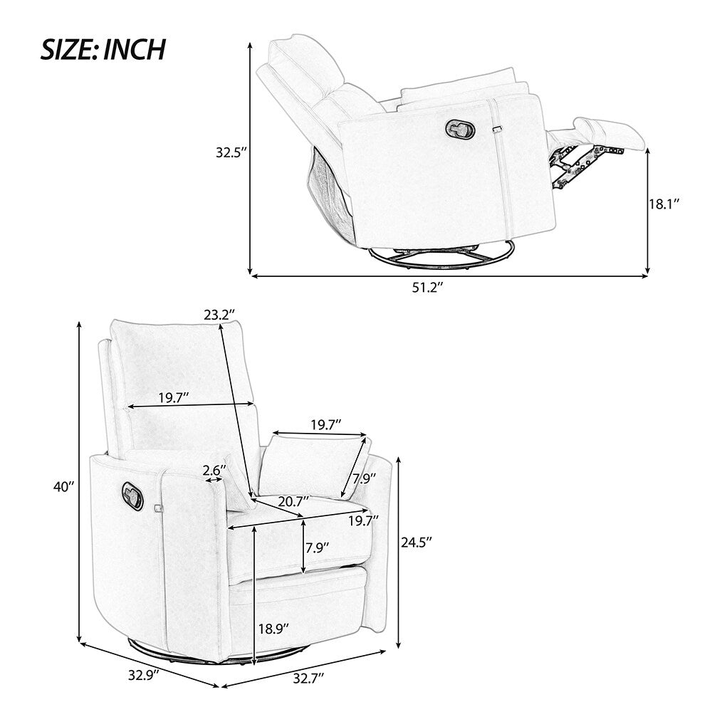 32 Nursing Rocker Recliner,Swivel Glider with 2 Pillows,Comfort Chair