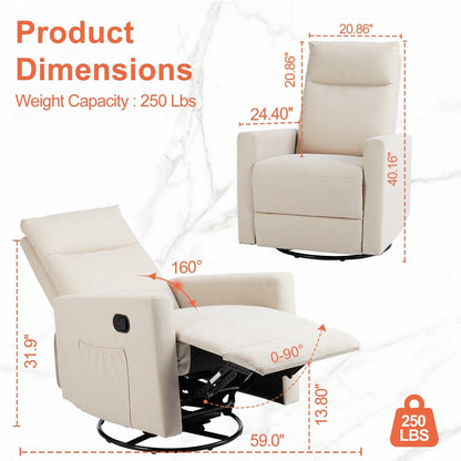 360 Swivel Glider Chair Linen Upholstery Manual Recliner Chair Adjustable Single Sofa for Nursery Living Room or Bedroom