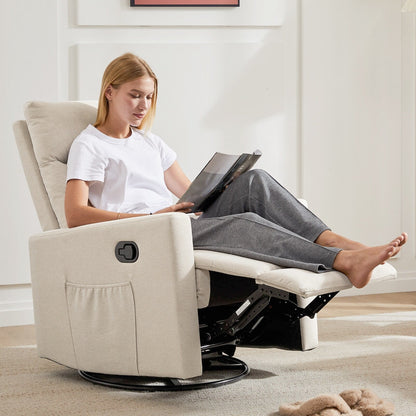 360 Swivel Glider Chair Linen Upholstery Manual Recliner Chair Adjustable Single Sofa for Nursery Living Room or Bedroom