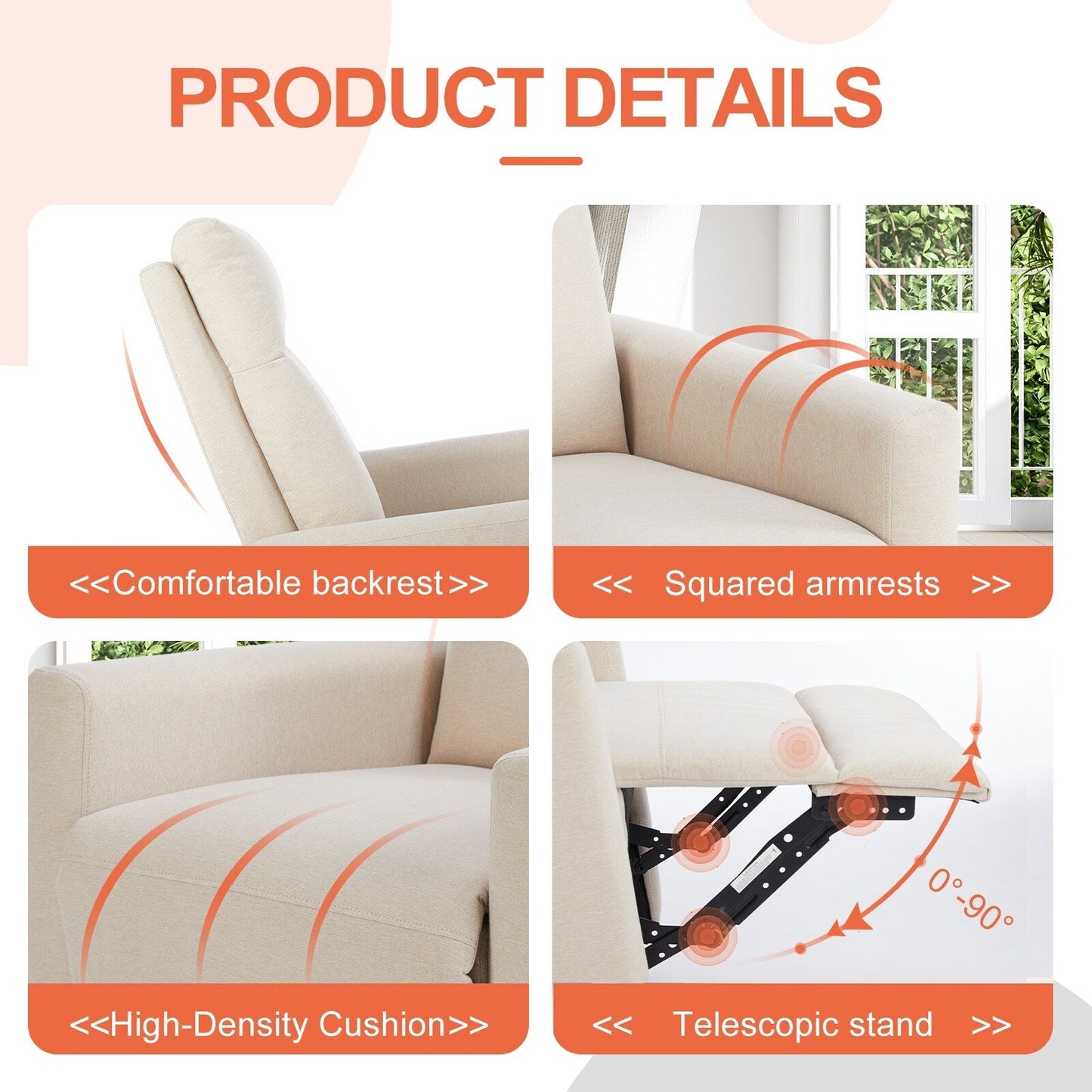 360 Swivel Glider Chair Linen Upholstery Manual Recliner Chair Adjustable Single Sofa for Nursery Living Room or Bedroom