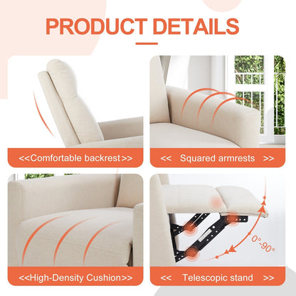360 Swivel Glider Chair Linen Upholstery Manual Recliner Chair Adjustable Single Sofa for Nursery Living Room or Bedroom