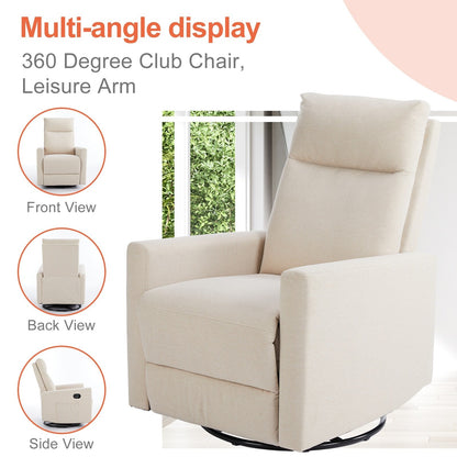 360 Swivel Glider Chair Linen Upholstery Manual Recliner Chair Adjustable Single Sofa for Nursery Living Room or Bedroom