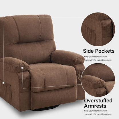 360 Swivel Manual Recliner Single Sofa Chair Fabric Lounge Chair with Pull Out Footrest and Side Pockets
