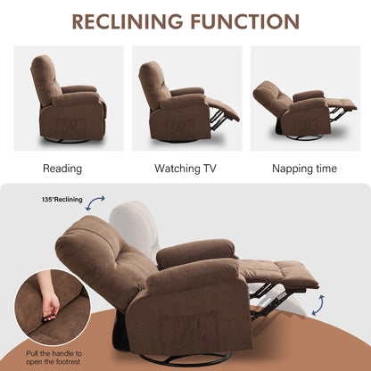 360 Swivel Manual Recliner Single Sofa Chair Fabric Lounge Chair with Pull Out Footrest and Side Pockets