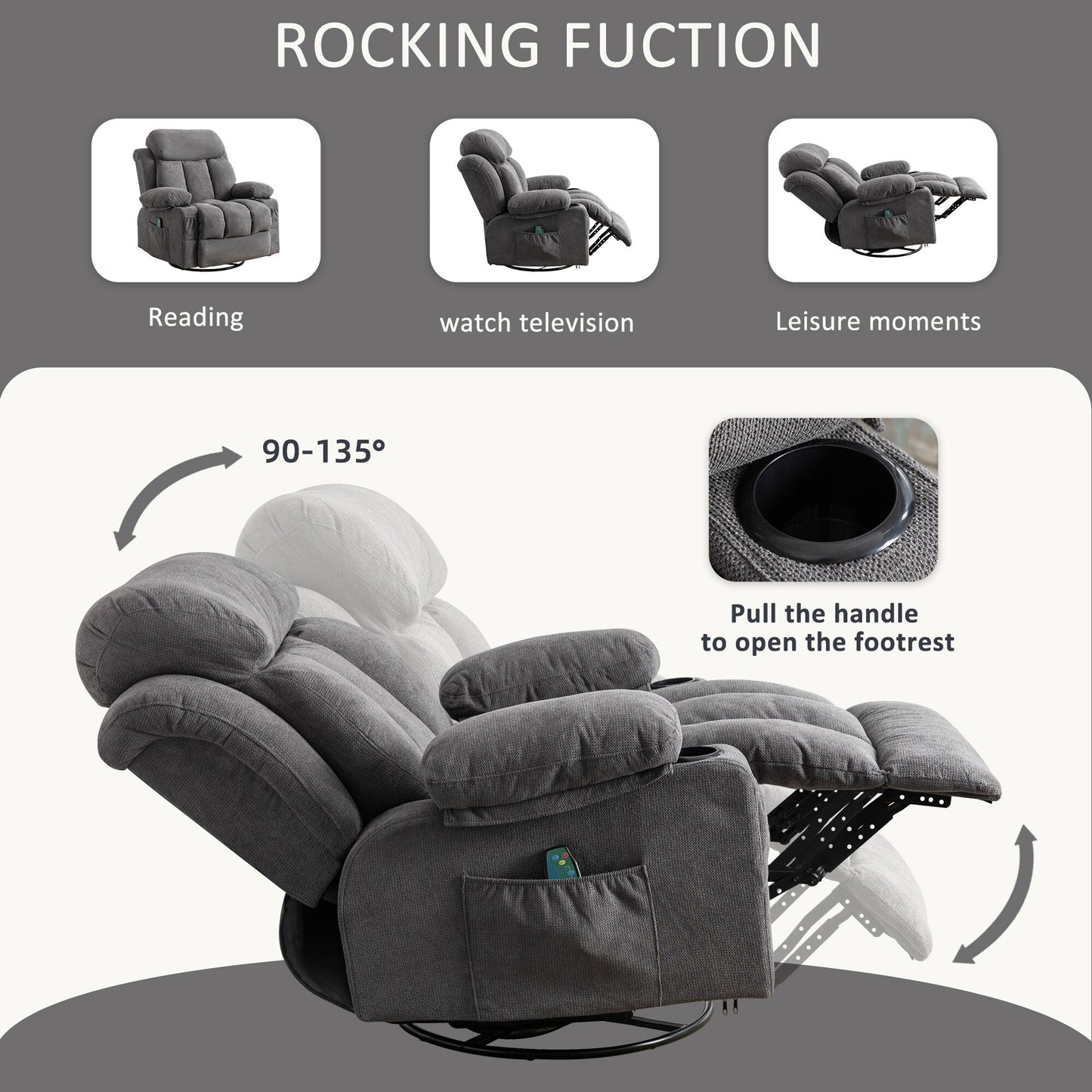 360 Swivel Massage Heat Manual Recliner Fabric Single Lounge Chair with USB Charging and Double Cup Holders