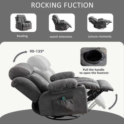 360 Swivel Massage Heat Manual Recliner Fabric Single Lounge Chair with USB Charging and Double Cup Holders