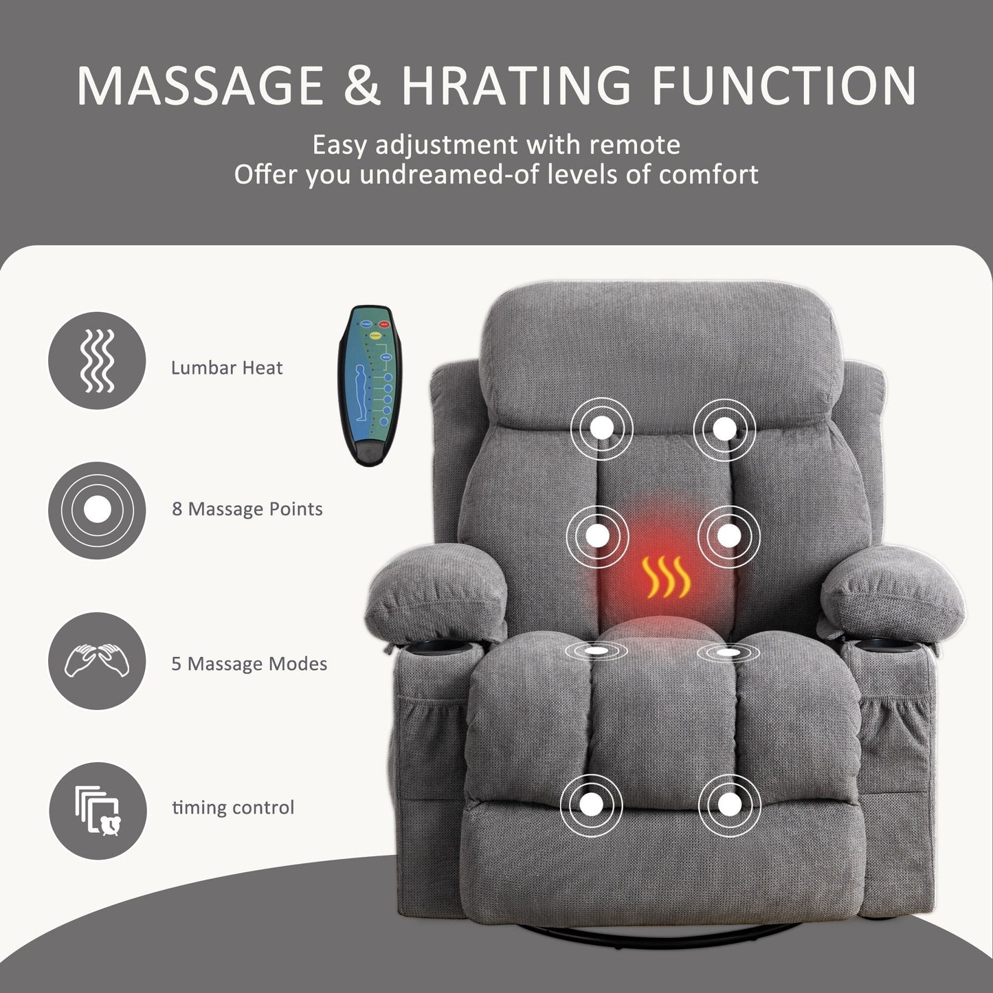360 Swivel Massage Heat Manual Recliner Fabric Single Lounge Chair with USB Charging and Double Cup Holders