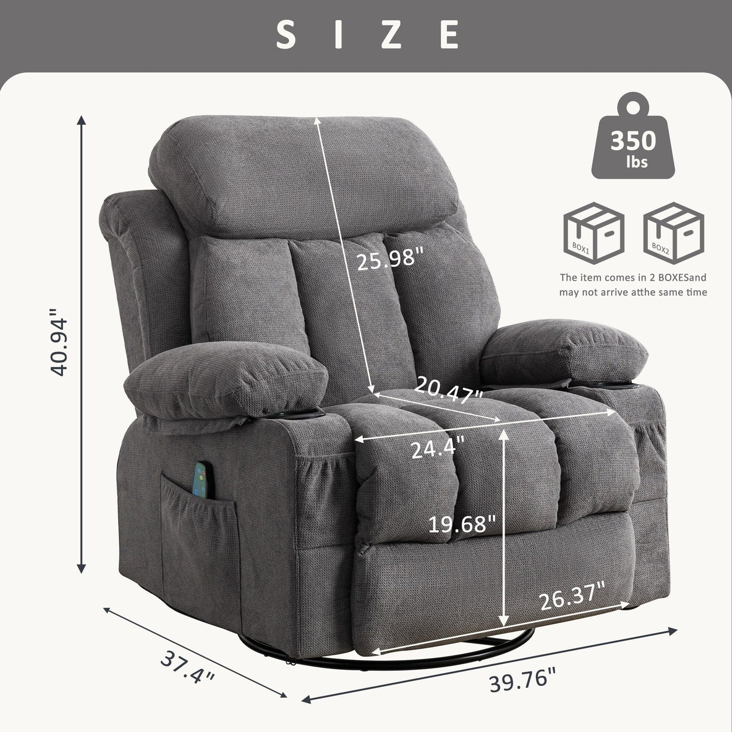 360 Swivel Massage Heat Manual Recliner Fabric Single Lounge Chair with USB Charging and Double Cup Holders