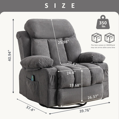 360 Swivel Massage Heat Manual Recliner Fabric Single Lounge Chair with USB Charging and Double Cup Holders