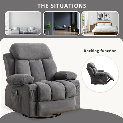 360 Swivel Massage Heat Manual Recliner Fabric Single Lounge Chair with USB Charging and Double Cup Holders