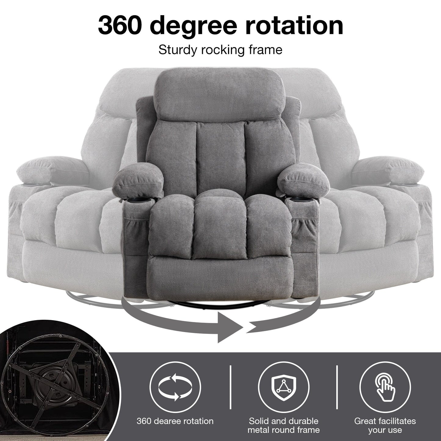 360 Swivel Massage Heat Manual Recliner Fabric Single Lounge Chair with USB Charging and Double Cup Holders