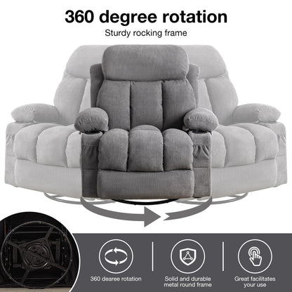 360 Swivel Massage Heat Manual Recliner Fabric Single Lounge Chair with USB Charging and Double Cup Holders