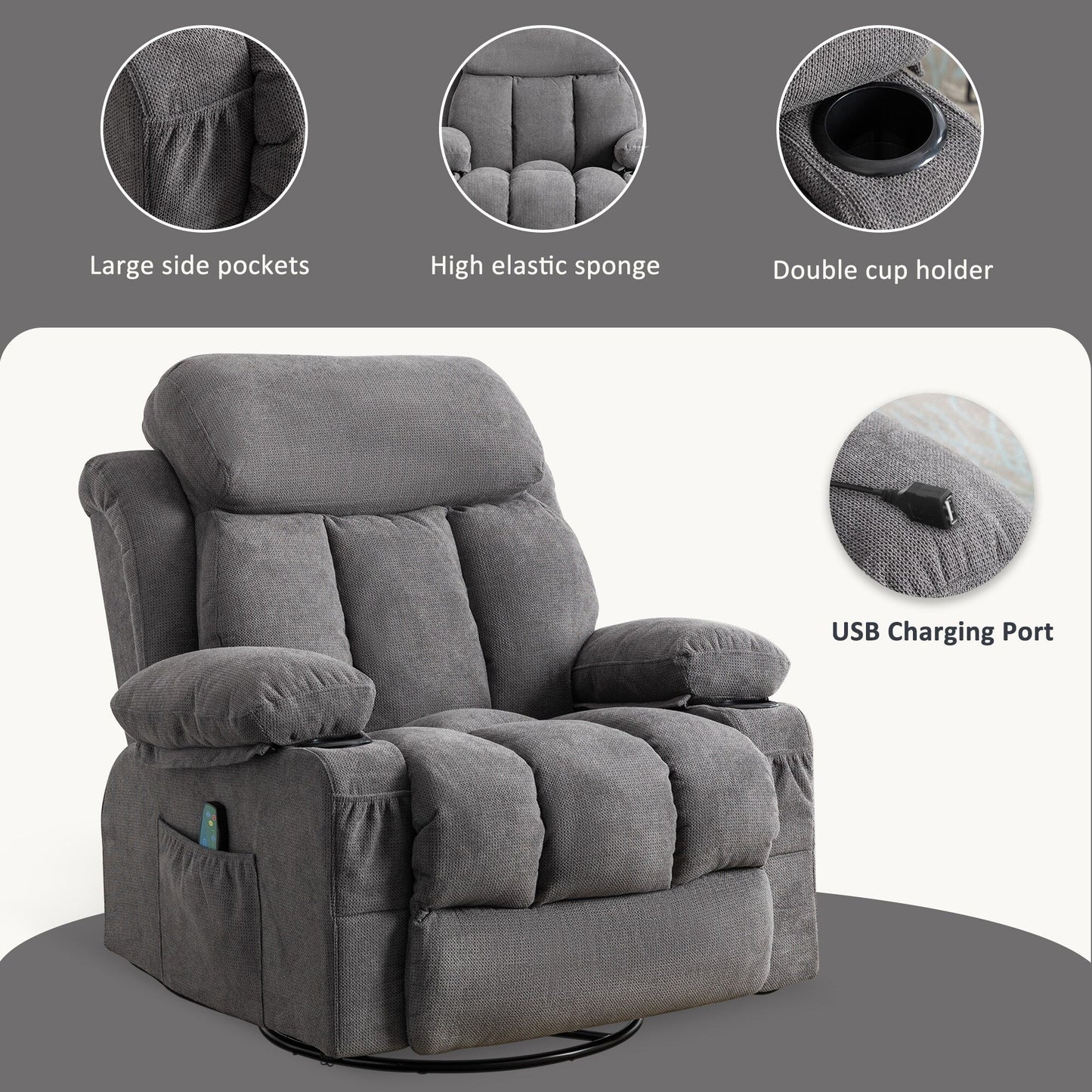 360 Swivel Massage Heat Manual Recliner Fabric Single Lounge Chair with USB Charging and Double Cup Holders