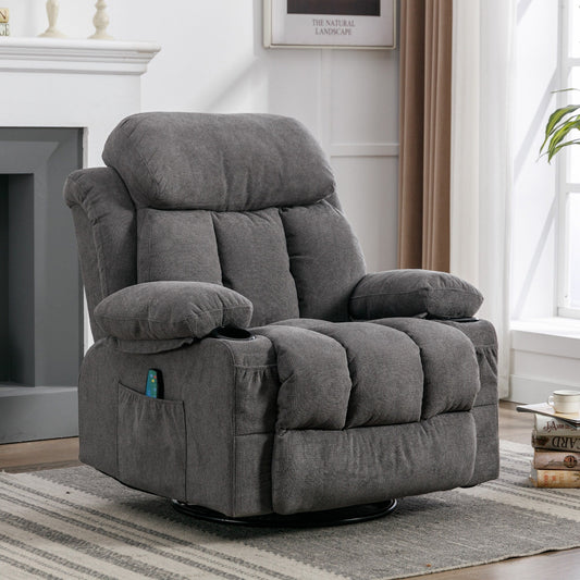 360 Swivel Massage Heat Manual Recliner Fabric Single Lounge Chair with USB Charging and Double Cup Holders