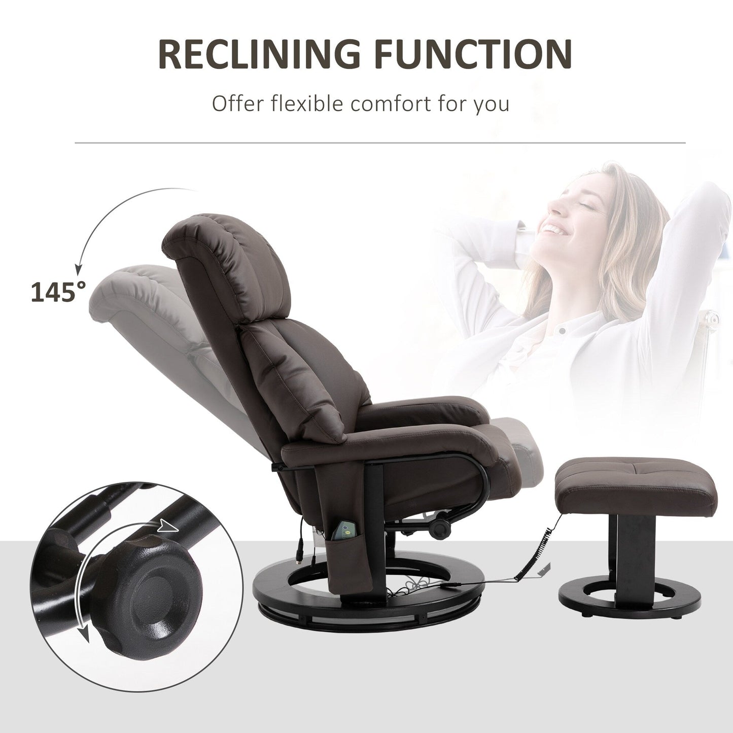 360 Swivel Massage Recliner Chair PU Leather Lounge Chair with 145 Recline, Footrest, Remote Control and Side Pocket