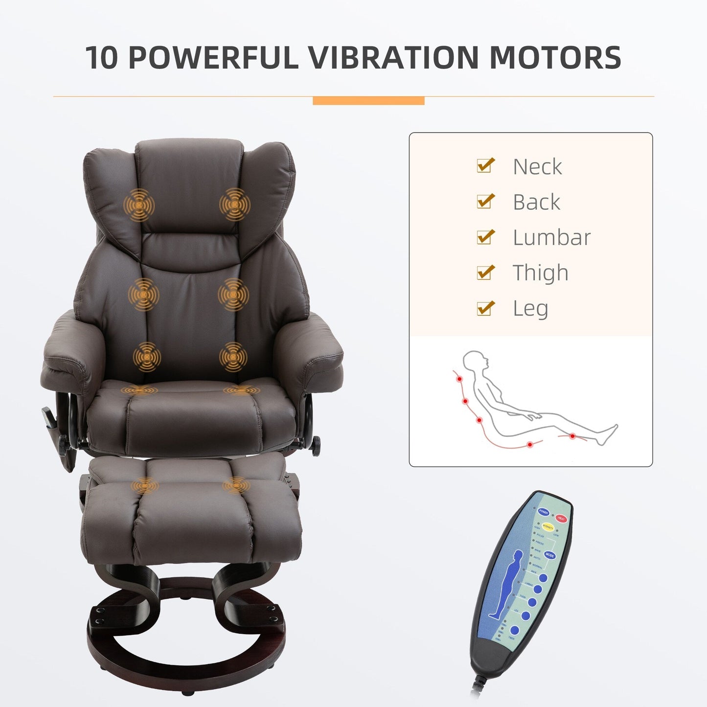 360 Swivel PU Leather Massage Recliner Chair with 10 Vibration Points, Adjustable Backrest and Footrest