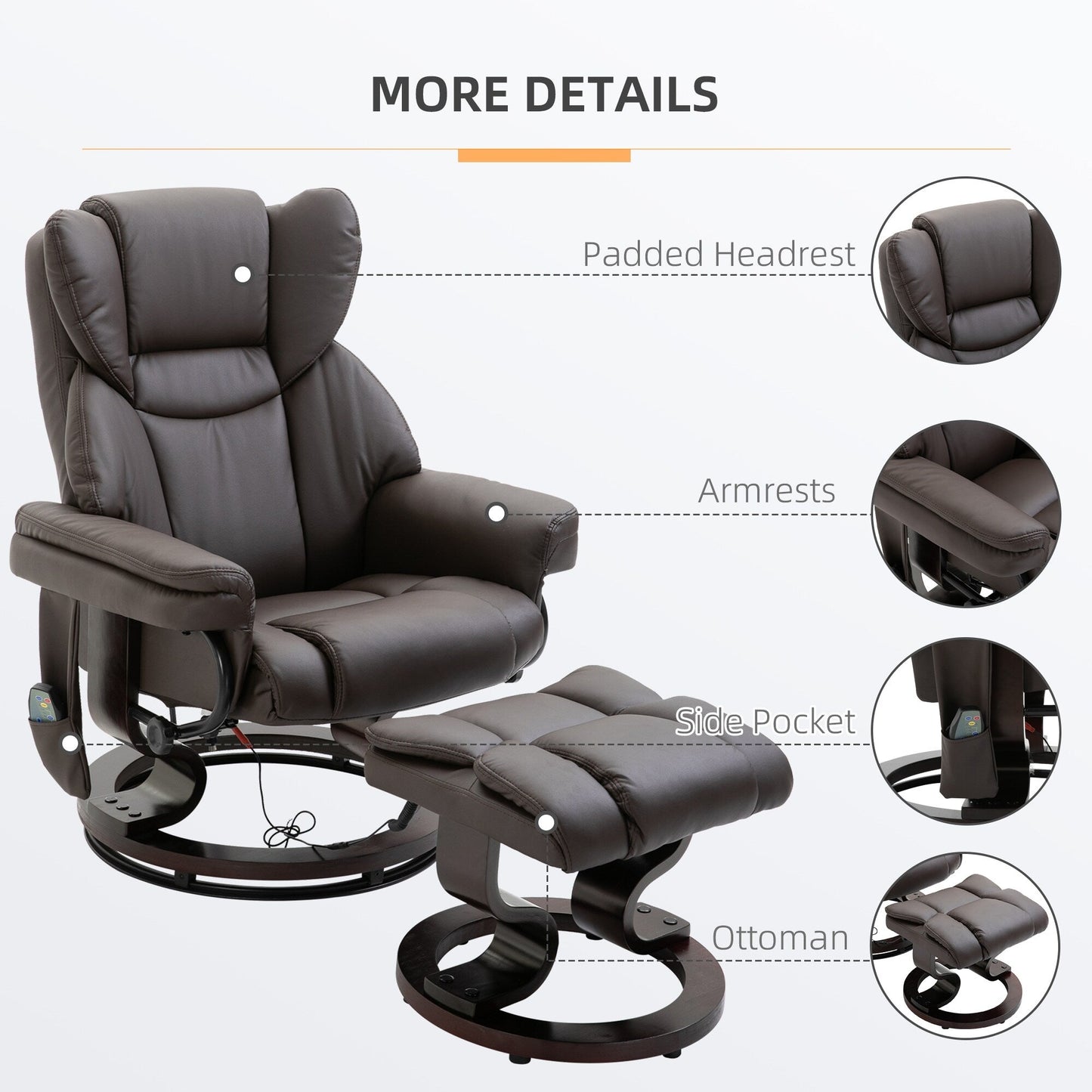 360 Swivel PU Leather Massage Recliner Chair with 10 Vibration Points, Adjustable Backrest and Footrest