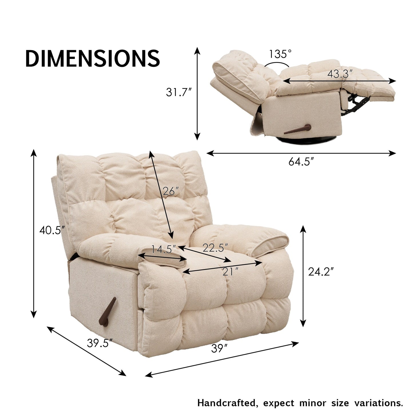 360 Swivel Recliner Upholstery Fabric Glider Rocker Recliner Single Lazy Sofa with Lumbar Support for Living Room