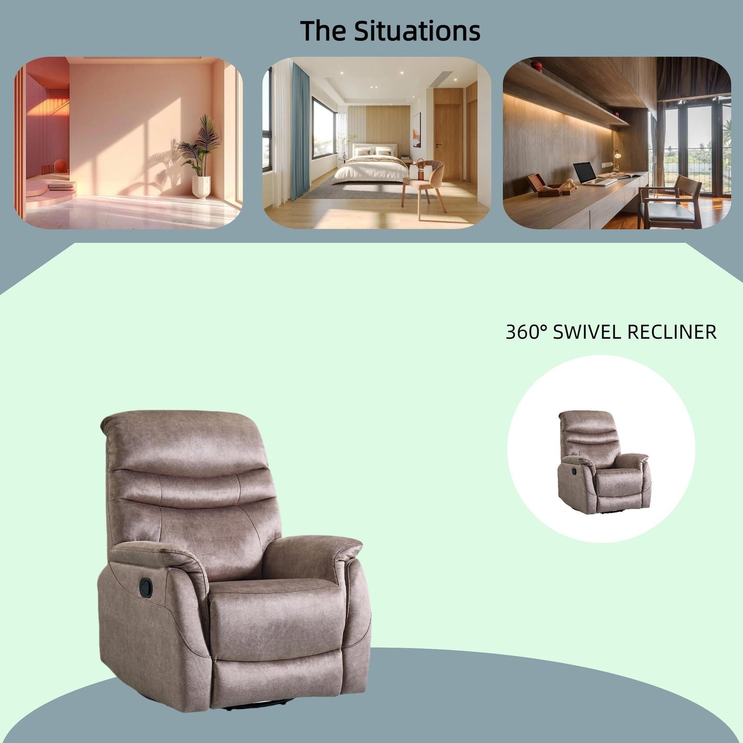 360 Swivel Rocking Recliner Chair Modern Velvet Lounge Chair Adjustable Single Sofa with Lumbar Support