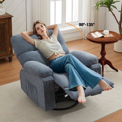 360° Rotating Recliner Chair with Adjustable Backrest, Swivel Rocking Armchair with Footrest, Soft Cushions & Side Pockets