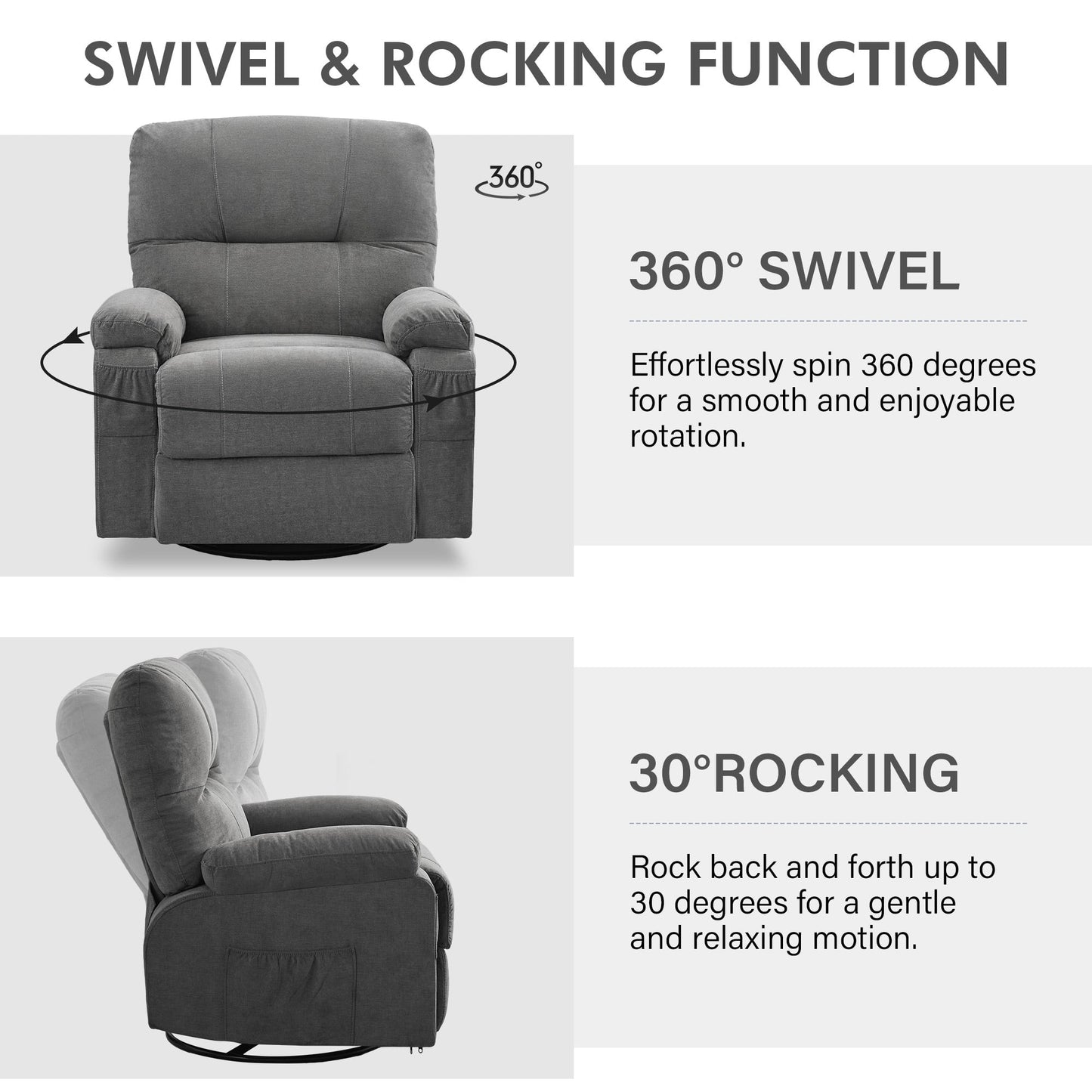 360° Rotating Recliner Chair with Adjustable Backrest, Swivel Rocking Armchair with Footrest, Soft Cushions & Side Pockets