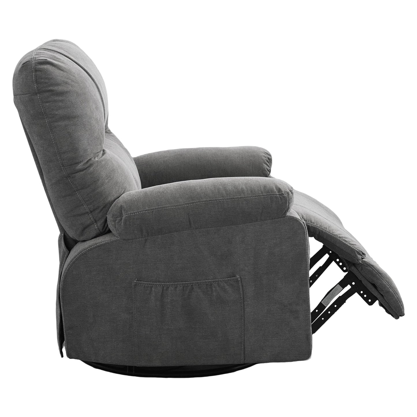 360° Rotating Recliner Chair with Adjustable Backrest, Swivel Rocking Armchair with Footrest, Soft Cushions & Side Pockets