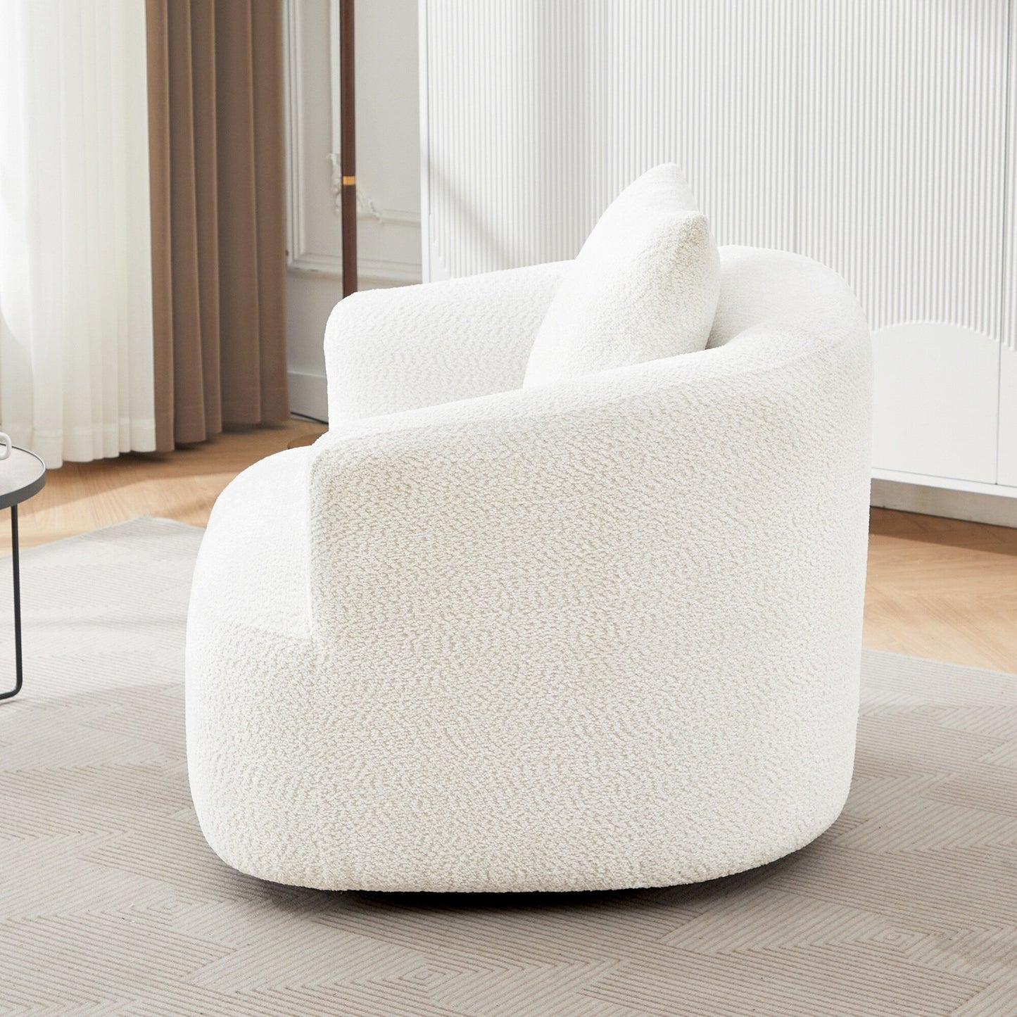 360° Swivel Chair, 38.2 Boucle Accent Chair with Throw Pillow, Upholstered Barrel Sofa Chair with Curved Armrests