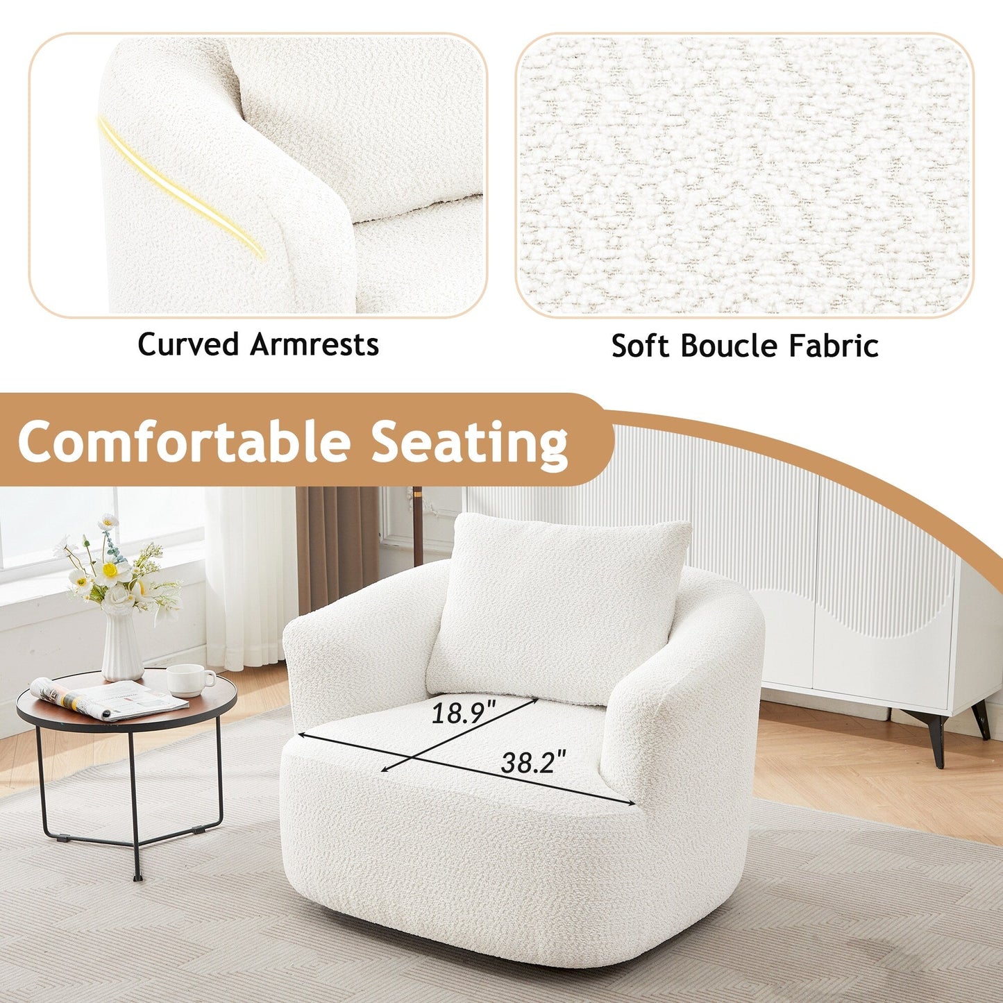 360° Swivel Chair, 38.2 Boucle Accent Chair with Throw Pillow, Upholstered Barrel Sofa Chair with Curved Armrests