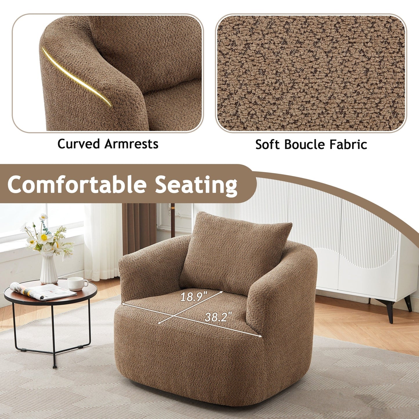 360° Swivel Chair, 38.2 Boucle Accent Chair with Throw Pillow, Upholstered Barrel Sofa Chair with Curved Armrests