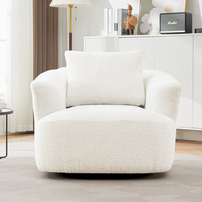 360° Swivel Chair, 38.2 Boucle Accent Chair with Throw Pillow, Upholstered Barrel Sofa Chair with Curved Armrests