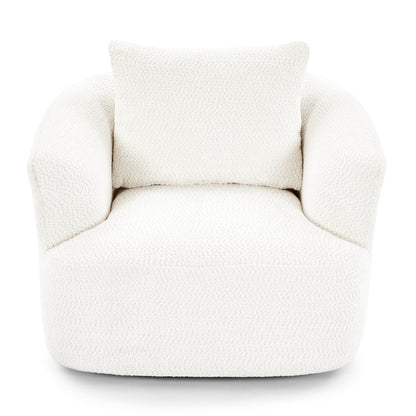 360° Swivel Chair, 38.2 Boucle Accent Chair with Throw Pillow, Upholstered Barrel Sofa Chair with Curved Armrests