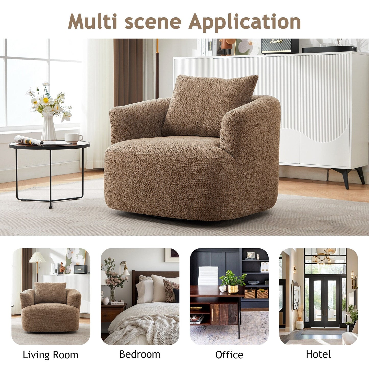 360° Swivel Chair, 38.2 Boucle Accent Chair with Throw Pillow, Upholstered Barrel Sofa Chair with Curved Armrests