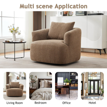 360° Swivel Chair, 38.2 Boucle Accent Chair with Throw Pillow, Upholstered Barrel Sofa Chair with Curved Armrests