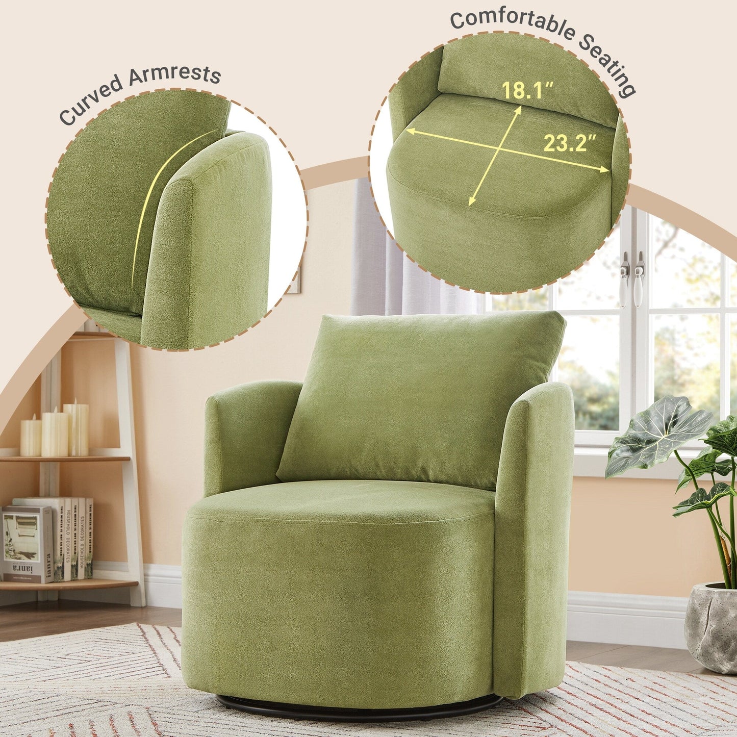 360Â° Swivel Chair, Chenille Barrel Armchair, Curved Design Lounge Chair Upholstered Swivel Sofa Chair for Living Room