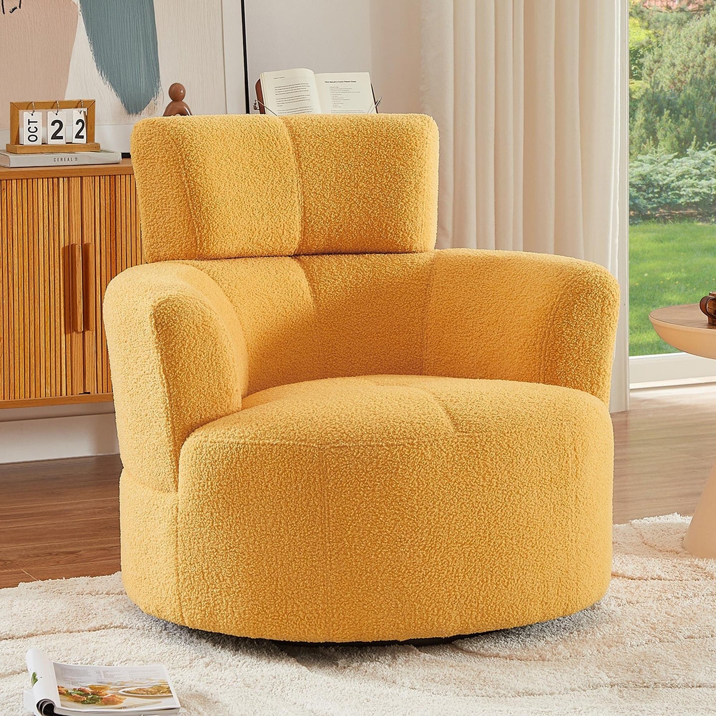 360Â° Swivel Chair, Upholstered Barrel Chair with Adjustable Headrest Modern Swivel Round Sofa Chair for Living Room