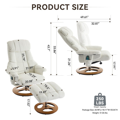 360° Swivel Ergonomic Recliner Chair with Ottoman, Adjustable Backrest, 5 Vibration Massage, Seat Heating, Chenille Fabric