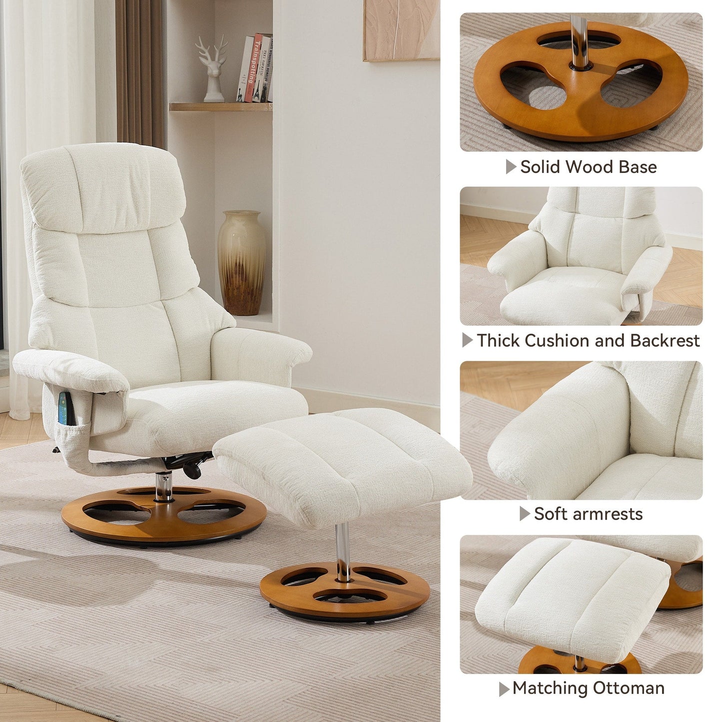 360° Swivel Ergonomic Recliner Chair with Ottoman, Adjustable Backrest, 5 Vibration Massage, Seat Heating, Chenille Fabric