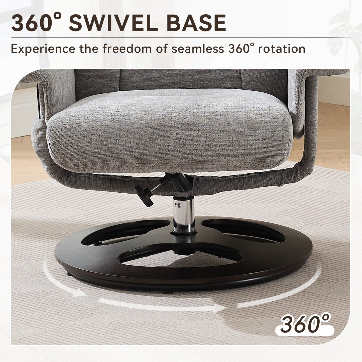 360° Swivel Ergonomic Recliner Chair with Ottoman, Adjustable Backrest, 5 Vibration Massage, Seat Heating, Chenille Fabric