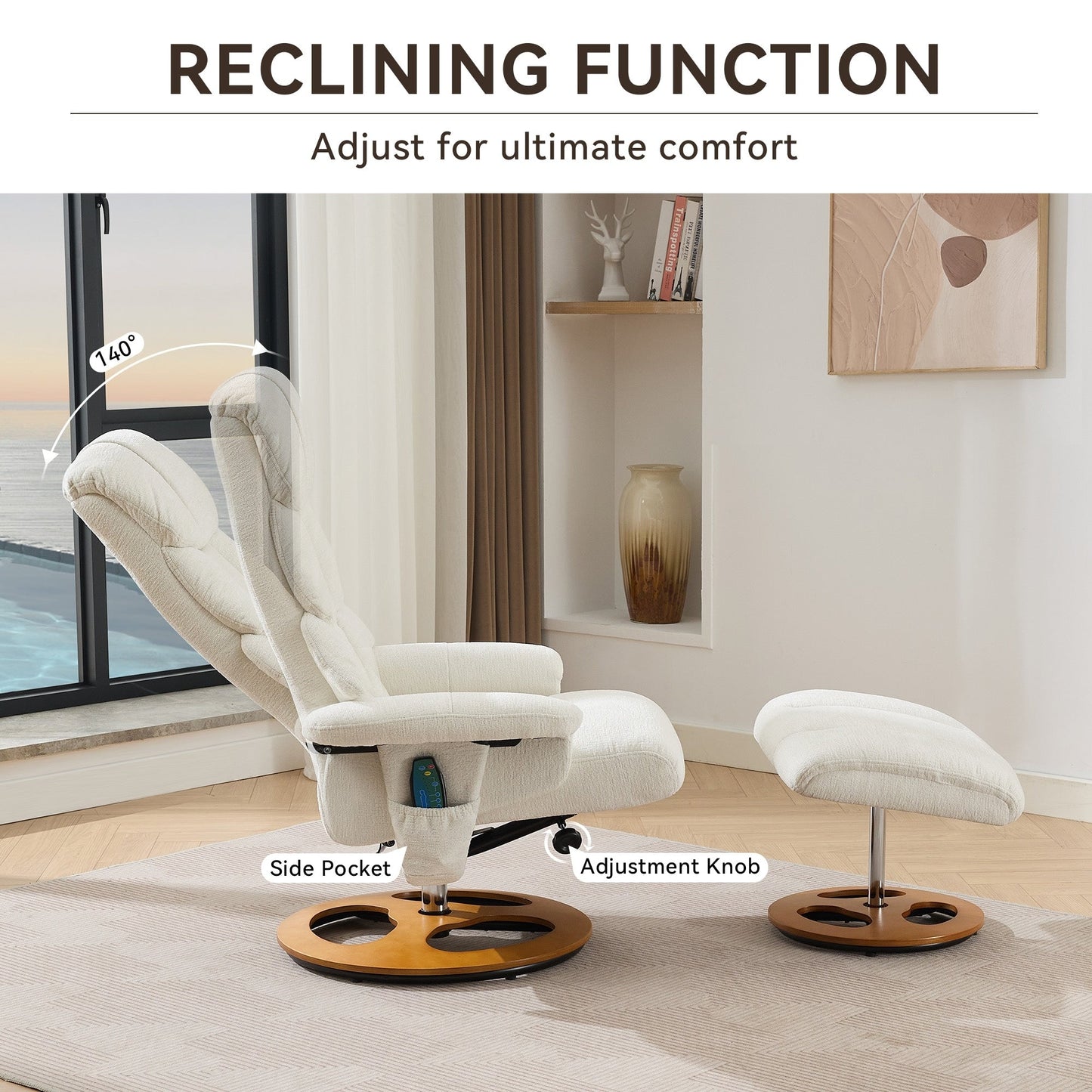 360° Swivel Ergonomic Recliner Chair with Ottoman, Adjustable Backrest, 5 Vibration Massage, Seat Heating, Chenille Fabric